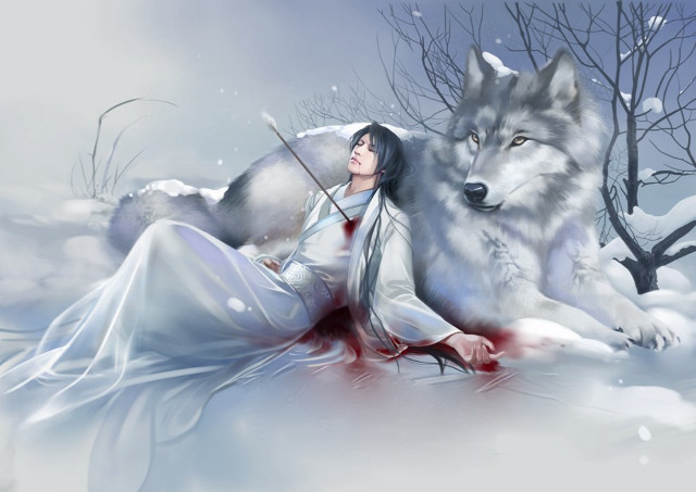Woman wolf snow sword ground free wallpaper for desktop - medium preview image
