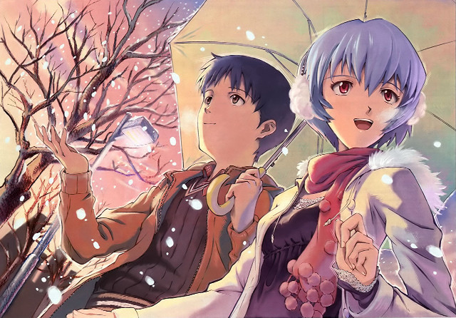 Anime characters umbrella snow trees free wallpaper for desktop - medium preview image