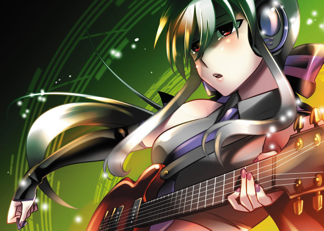 Woman headphones guitar hand music free wallpaper for desktop - medium preview image