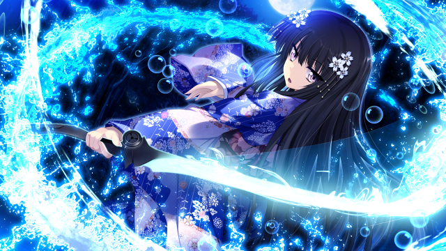 Woman blue dress sword bubbles free wallpaper for desktop - medium preview image