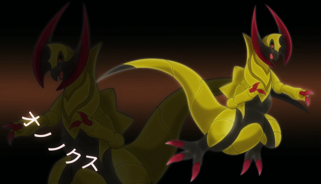 Yellow red pokemons standing black free wallpaper for desktop - medium preview image