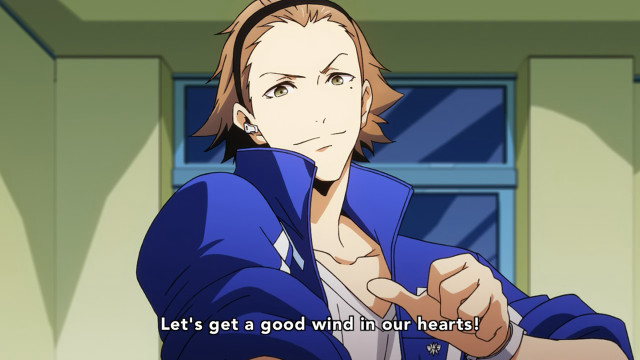 Pointing male blue jacket celshade free wallpaper for desktop - medium preview image