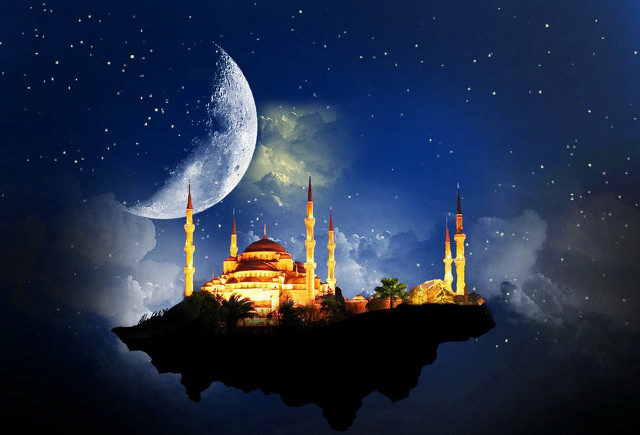 Mosque island sky crescent moon free wallpaper for desktop - medium preview image