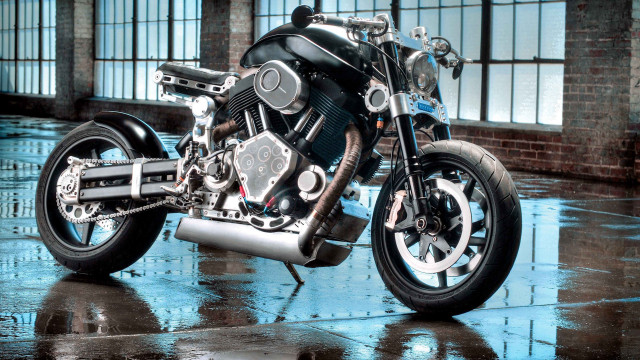 Motorcycle parked building wet floor free wallpaper for desktop - medium preview image