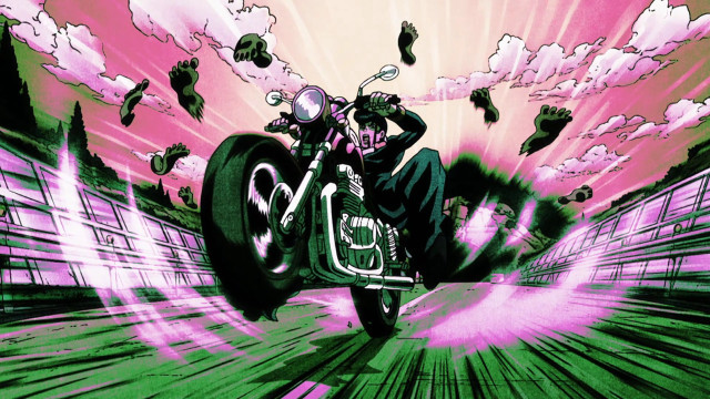 Man motorcycle city pink clouds free wallpaper for desktop - medium preview image