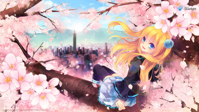 Girl branch flowers city skyscrapers free wallpaper for desktop - medium preview image