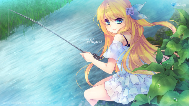 Girl fishing lake waterfall longhair free wallpaper for desktop - medium preview image