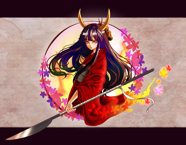 Woman horns sword circle flowers free wallpaper for desktop - medium preview image