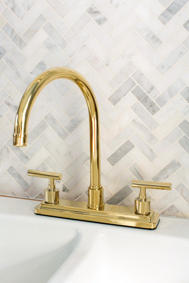 Gold faucet white tile bathroom free wallpaper for mobile - medium preview image
