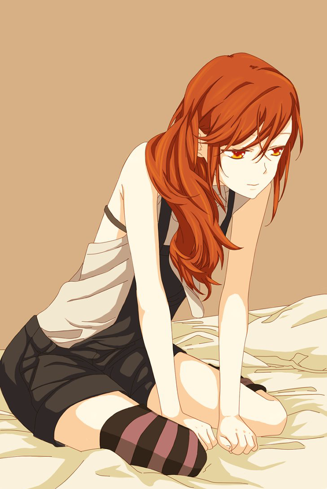 Red haired girl sitting bed free wallpaper for mobile - medium preview image