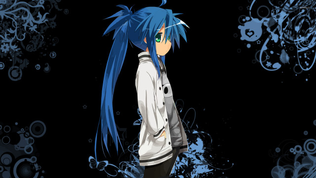 Bluehair girl whiteblackpants blackbackground blueswirls free wallpaper for desktop - medium preview image