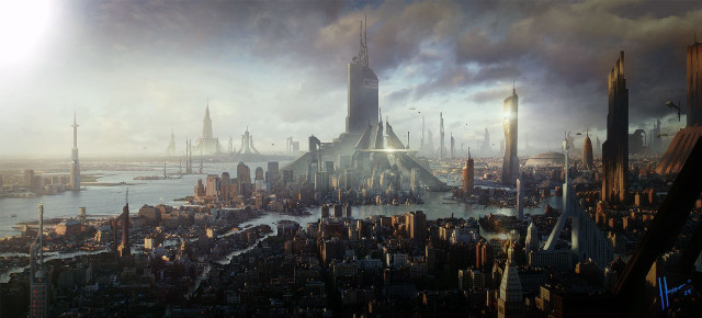 Futuristic city tall buildings water free wallpaper for desktop - medium preview image