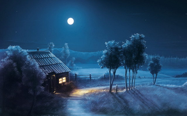 Cabin woods night full moon #2 free wallpaper for desktop - medium preview image