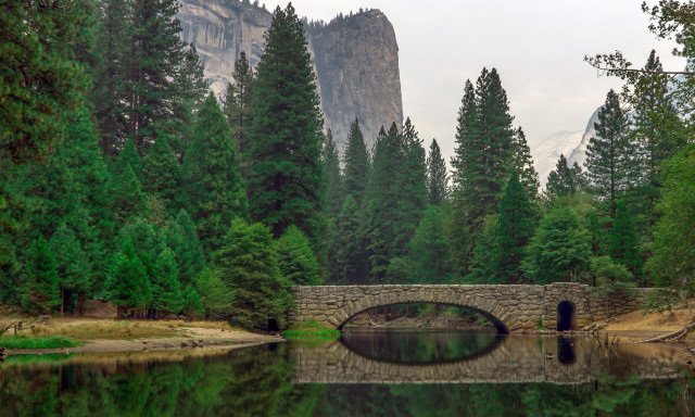 Bridge lake trees mountains background free wallpaper for desktop - medium preview image