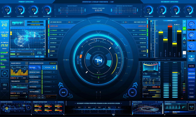 Futuristic blue electronic display cityscape free wallpaper for desktop - medium preview image