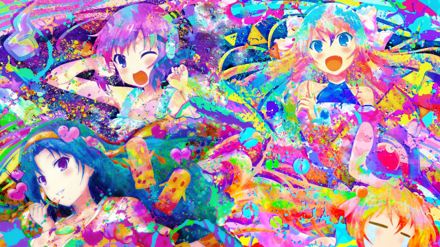 Anime girls colorful bed vivid free wallpaper for desktop - medium preview image