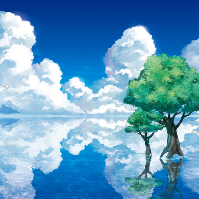 Tree lake clouds bird flying free wallpaper for tablet - medium preview image