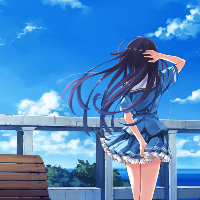 Girl long hair balcony ocean free wallpaper for tablet - medium preview image