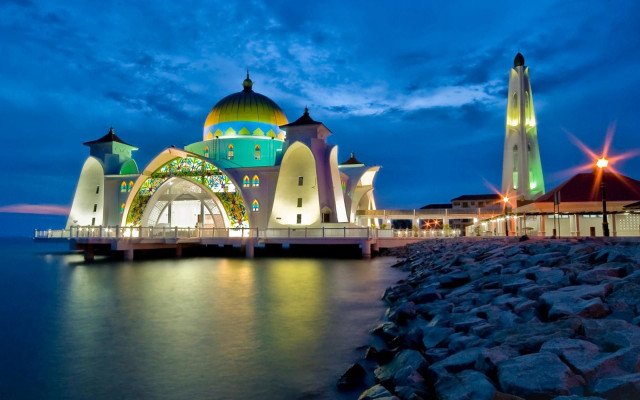 Large building water night pier free wallpaper for desktop - medium preview image