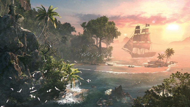 Pirate ship tropical island sunset free wallpaper for desktop - medium preview image