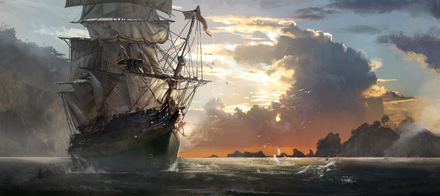 Ship ocean sunset painting clouds free wallpaper for desktop - medium preview image