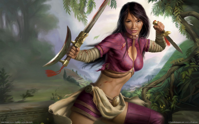 Pink woman swords bamboo fantasy free wallpaper for desktop - medium preview image