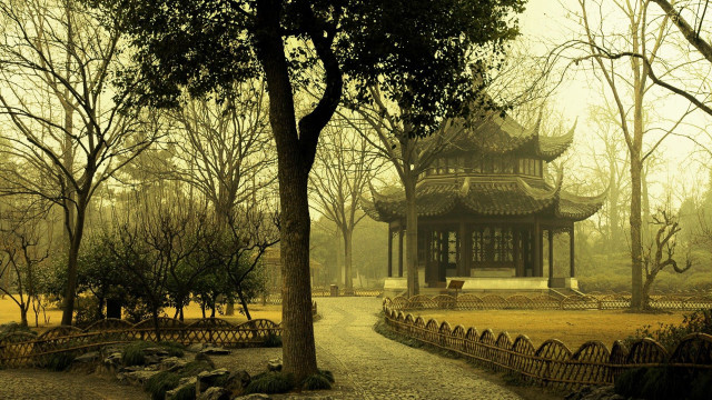 Small pagoda park bench trees free wallpaper for desktop - medium preview image