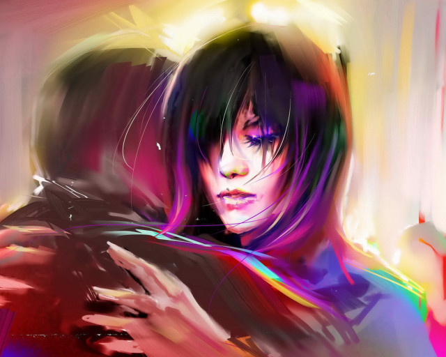 Woman hooded purple hair rain free wallpaper for desktop - medium preview image