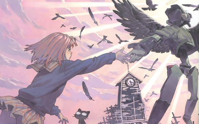 Girl robot bird clocktower manga free wallpaper for desktop - medium preview image