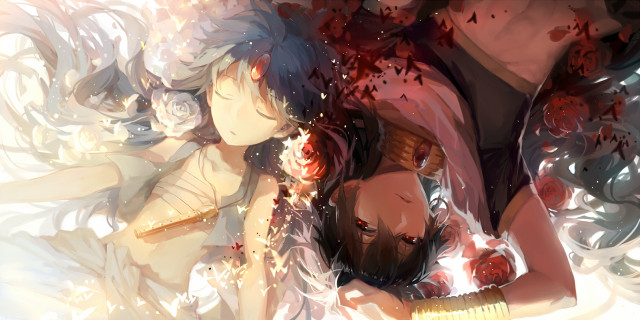 Couple women bed flowers leaves free wallpaper for desktop - medium preview image