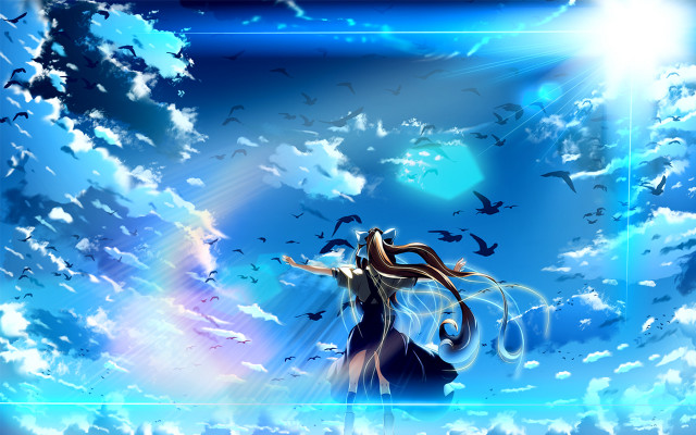 Woman standing clouds sword birds #2 free wallpaper for desktop - medium preview image