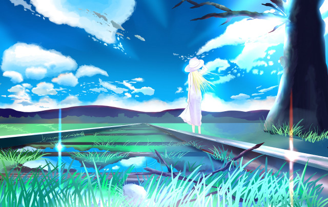 Woman bridge sky water tree free wallpaper for desktop - medium preview image