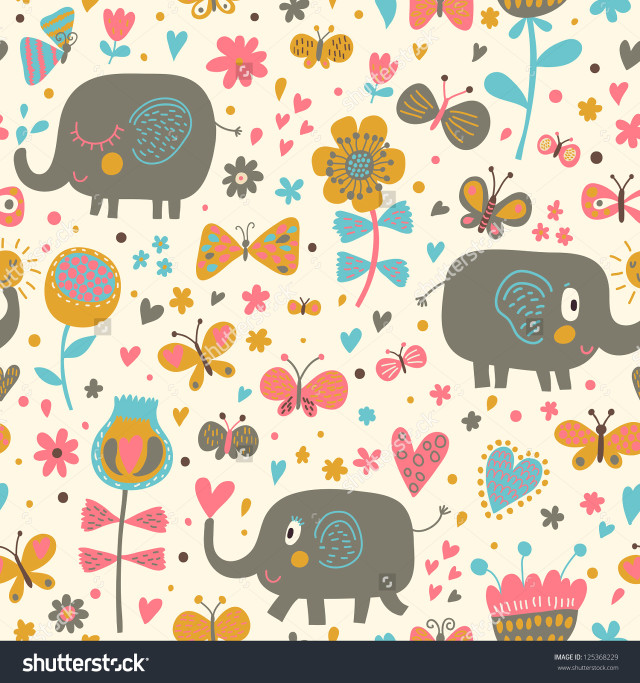 Elephants flowers hearts butterflies pattern free wallpaper for tablet - medium preview image