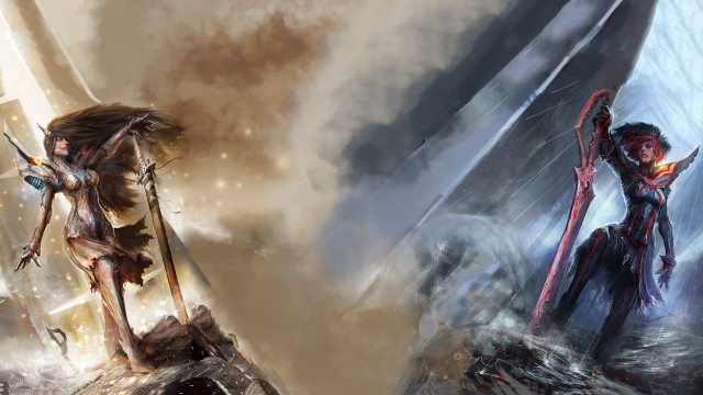 Woman sword demon building sky free wallpaper for desktop - medium preview image