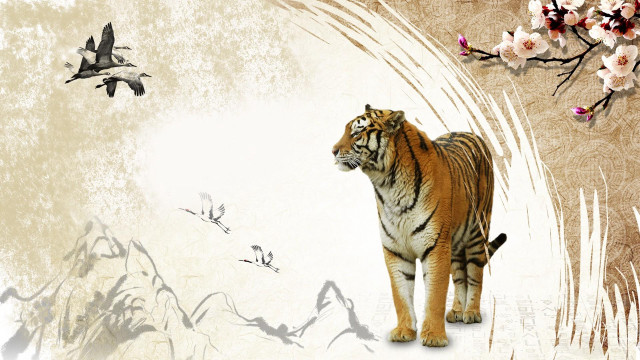 Tiger painting flowers birds wall free wallpaper for desktop - medium preview image