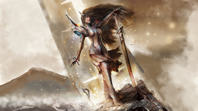 Woman sword spear rock sky free wallpaper for desktop - medium preview image