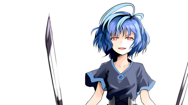 Blue haired woman swords yandere free wallpaper for desktop - medium preview image