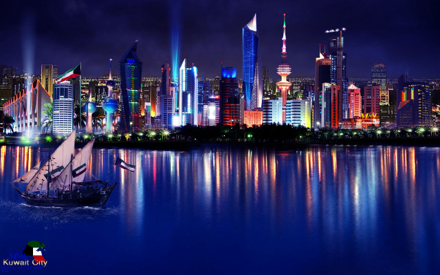 Boat sailing city night lights free wallpaper for desktop - medium preview image