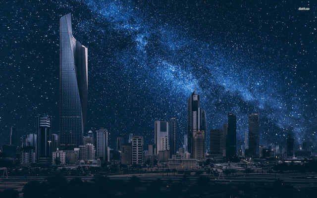 City skyline stars buildings night free wallpaper for desktop - medium preview image