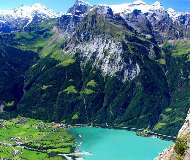 Mountain lake bridge valley forest free wallpaper for desktop - medium preview image