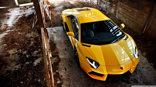 Yellow sports car garage building free wallpaper for desktop - medium preview image