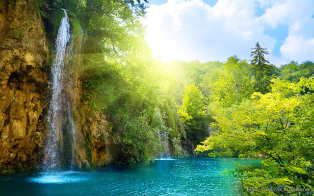 Waterfall forest blue pool green free wallpaper for desktop - medium preview image