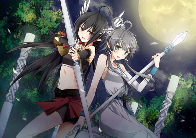 Anime girls swords full moon free wallpaper for desktop - medium preview image