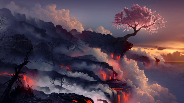 Tree mountain lava sunset dawn free wallpaper for desktop - medium preview image