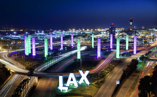 City skyline lax sign nighttime free wallpaper for desktop - medium preview image