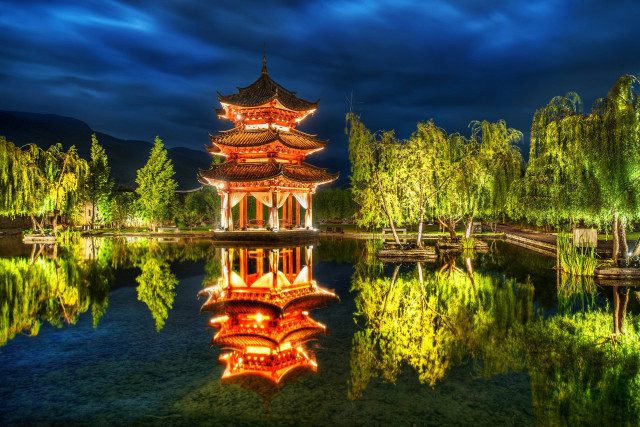 Pagoda night sky pond trees #2 free wallpaper for desktop - medium preview image