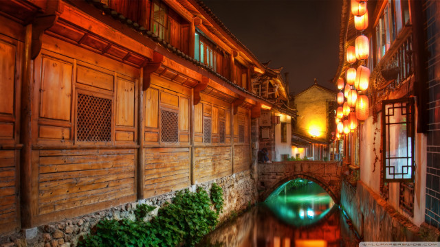 Canal city night lanterns bridge free wallpaper for desktop - medium preview image