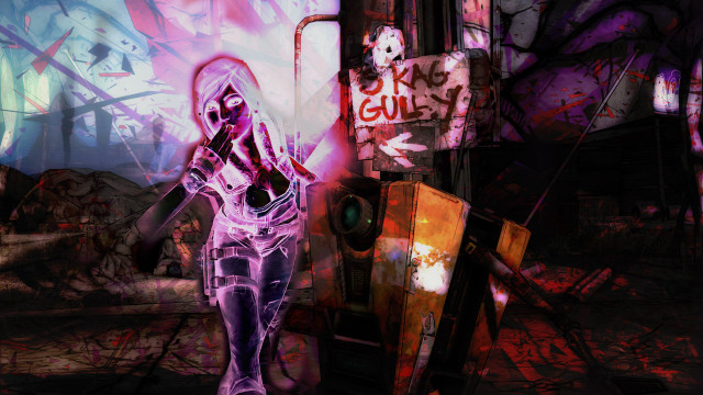 Futuristic woman suit graffiti room free wallpaper for desktop - medium preview image