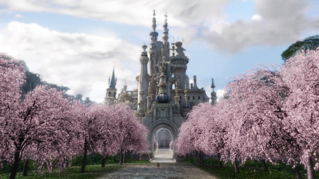 Castle pink trees walkway entrance free wallpaper for desktop - medium preview image