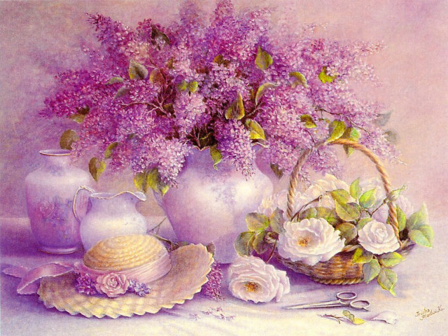 Lilacs basket flowers table hat free wallpaper for desktop - medium preview image